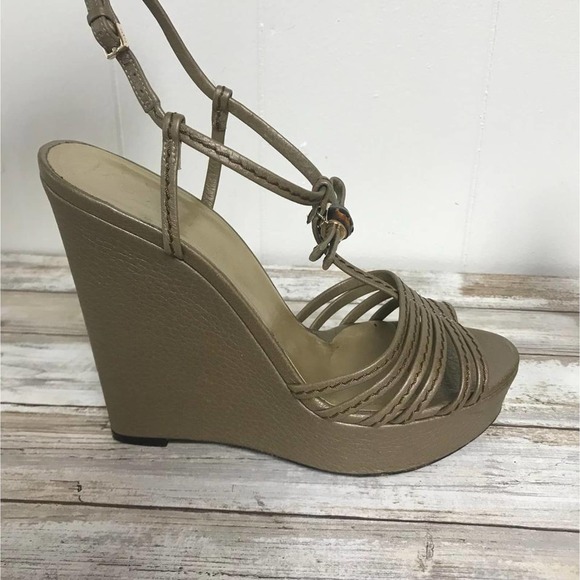 GUCCI Vegas Gold Leather Platform Wedges 38 - Picture 4 of 8